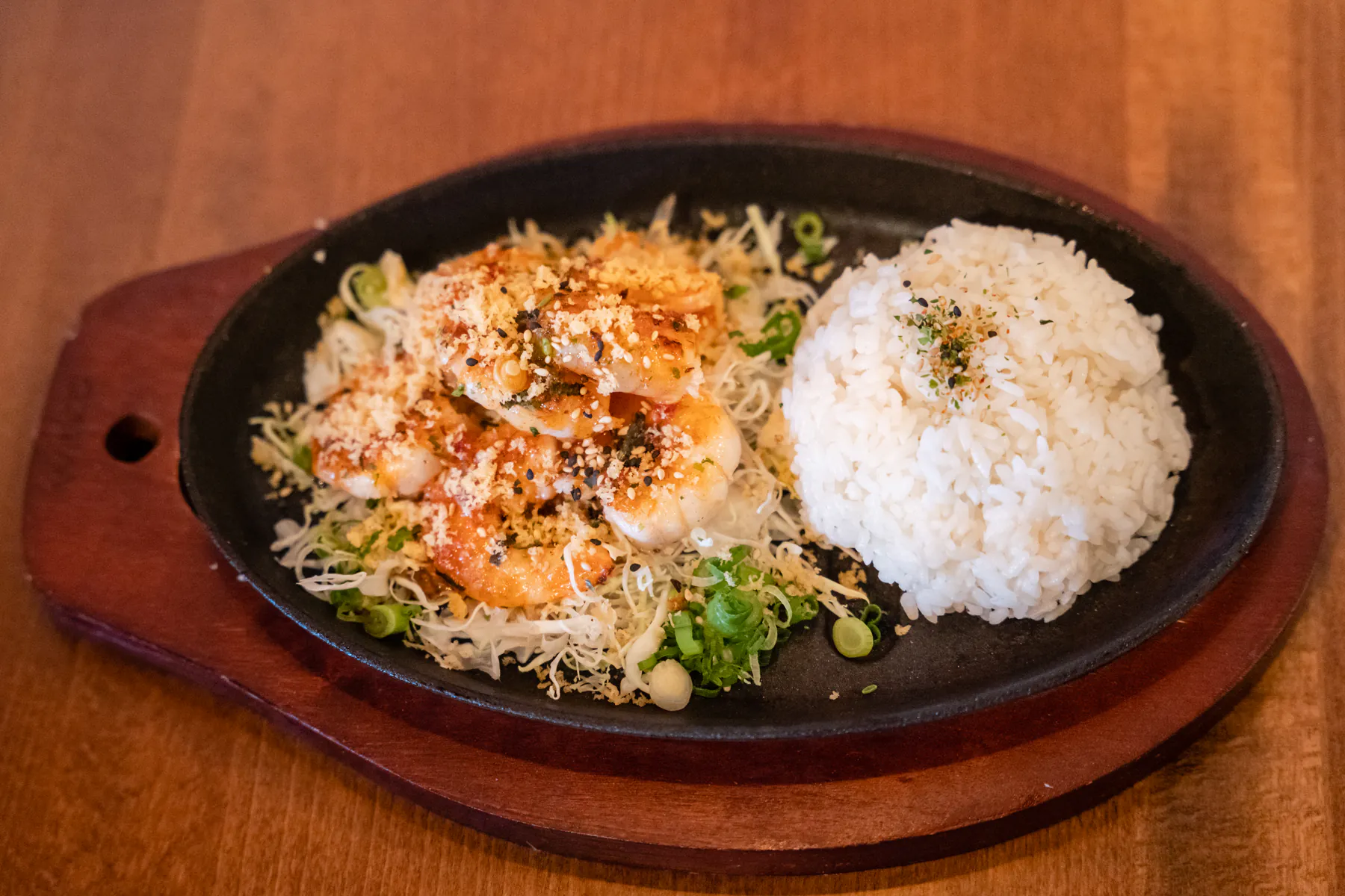 Grilled shrimp on hot plate with rice at Aji Izakaya Cypress, a Japanese Restaurant in Cypress